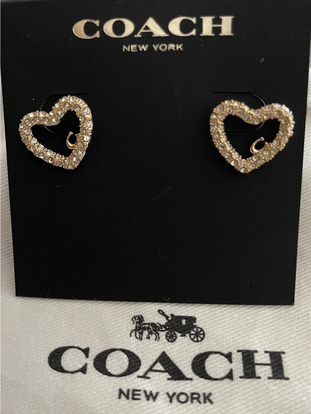 COACH Gold Crystal Open Heart Stud Earrings - Picture 2 of 3